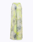 MiLA Boutique wide-leg satin trousers with a grey and yellow rose print, elasticated waistband, and side pockets.